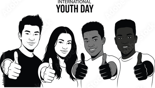 Vector art of group of diverse young people giving thumbs up for international youth day, isolated on white background, symbolizing support, agreement, and community togetherness