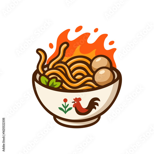 Hot and spicy noodles served in a traditional bowl with meatballs and herbs.