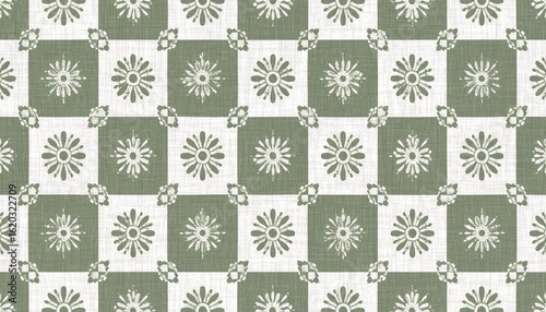 Wallpaper Mural Floral motif in geometric squares on distressed boho textured linen in sage green and natural white.  Torontodigital.ca