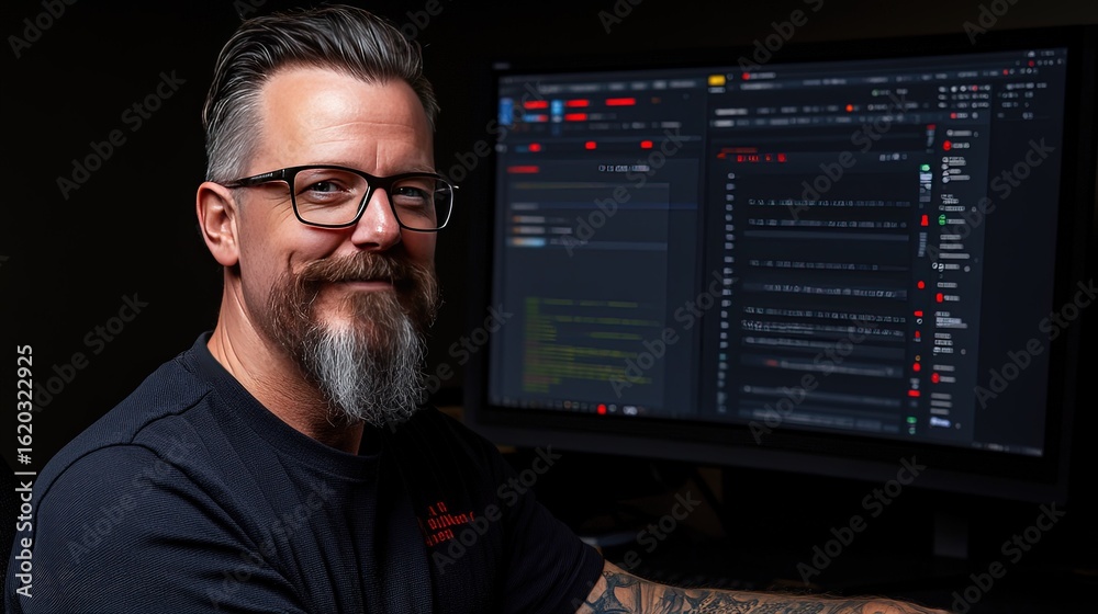 Smiling bearded man with glasses looking at camera sitting in front of a computer screen displaying code and data Smiling bearded man with glasses looking at camera sitting in front of a computer screen displaying code and data