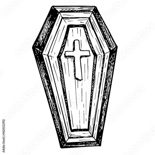 Vintage sketch of a wooden coffin with a cross design  