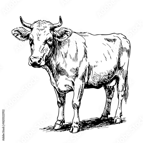 Vintage sketch of a cow standing on a white background  