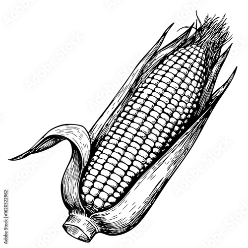 Vintage sketch of corn cob with husk and kernels  
