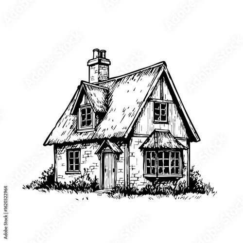 Vintage sketch of a quaint cottage with a thatched roof and garden  