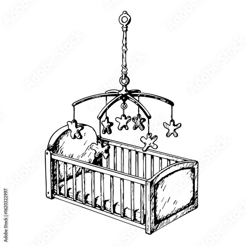 Vintage crib mobile sketch with hanging stars and a wooden frame  