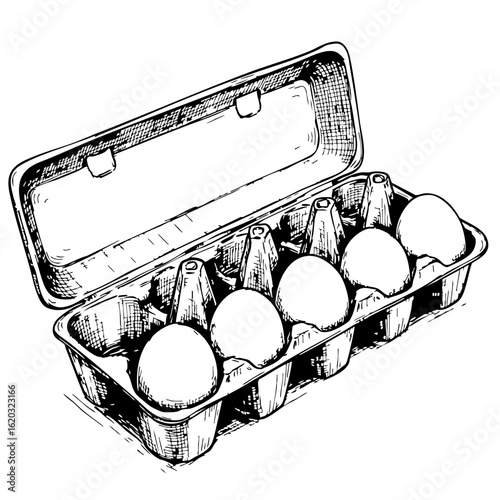 Vintage sketch of an egg carton with six eggs inside  