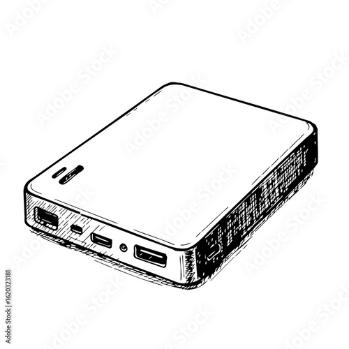 Vintage sketch of an external hard drive with USB ports  