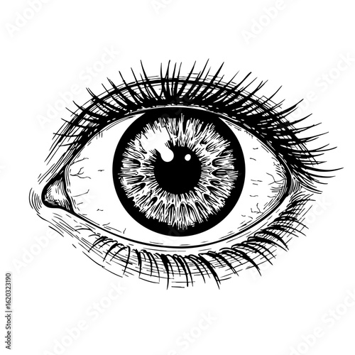 Detailed vintage eye sketch with intricate eyelashes and iris  