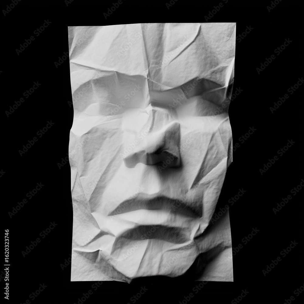 Obraz premium Conceptual art series of white t-shirts with abstract folded textures and human face impressions. Surreal fashion photography symbolizing identity, distortion, and experimental design.