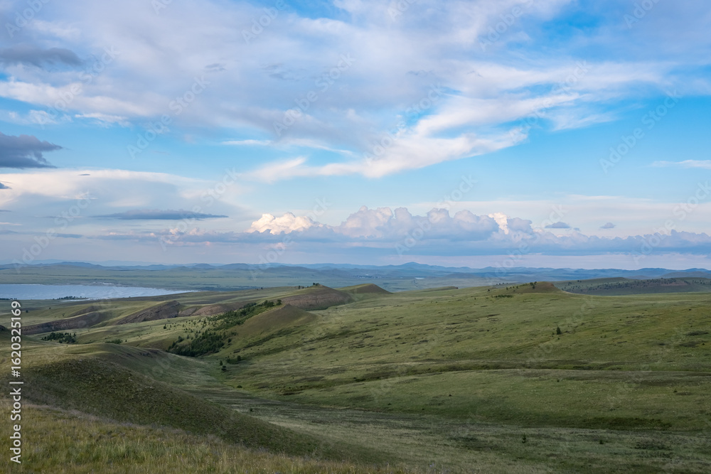 Hilly steppe terrain in the evening Hilly steppe terrain in the evening