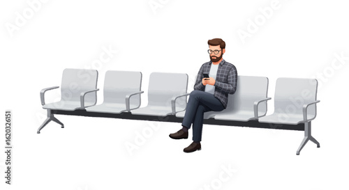 3D vector of a patient waiting in hospital waiting area with chairs