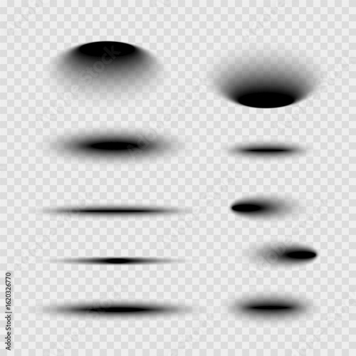 Realistic Blurred Drop Shadows Oval Elliptical Shadow Set. A collection of oval and elliptical soft shadows. Great for floating elements, UI buttons, stickers, and icons.