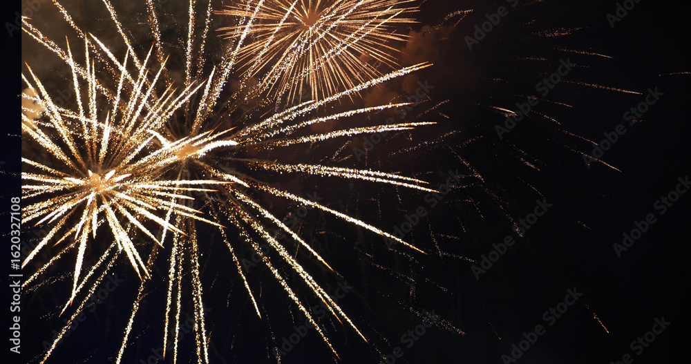 Obraz premium Golden Firework celebrate anniversary happy new year 2025, 4th of july holiday festival. Gold firework in the night time celebrate national holiday. Countdown to new year 2025 gold party time event