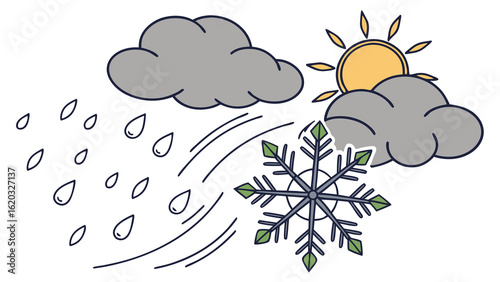 Illustration depicting various weather conditions including rain wind sun clouds and a snowflake design
