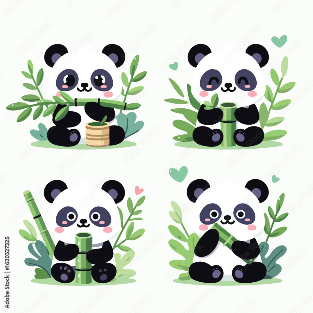 Naklejka premium Cute panda eating bamboo leaf