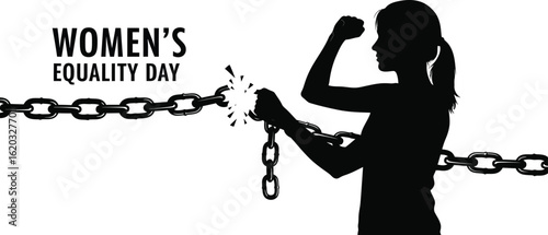Vector art of silhouette of a woman breaking chains for womens equality day, symbolizing freedom, empowerment, and the ongoing fight for female rights