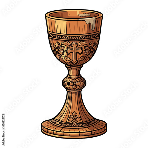 Vector of an old wooden Catholic chalice, apparently used in holy mass. Vector flat design cartoon. AI generated images.