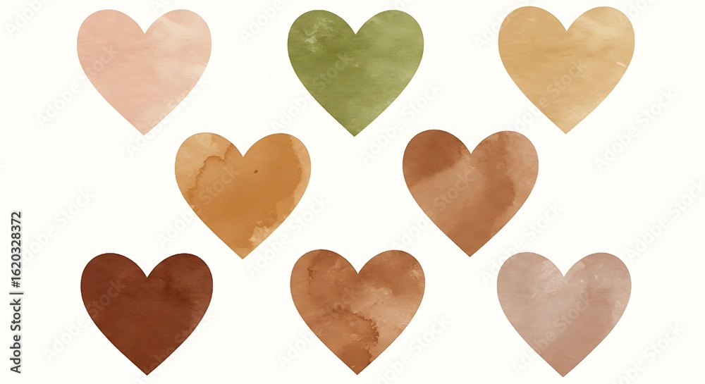 Obraz premium Watercolor Hearts in Skin Tones – Diversity, Equity, Inclusion & Belonging Love Concept.