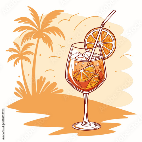 Final chosen sentence: Fresh summer cocktail in a glass with fruit and ice, perfect for a beach holiday or a clean vector design on a white backgroundFresh summer cocktail in a glass with fruit and ic