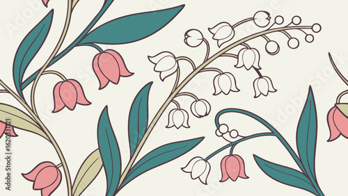 Elegant Floral Seamless Pattern: Pink and White Lily of the Valley Flowers, Art Nouveau Style, Vintage Botanical Illustration, Textile Design