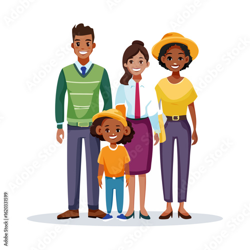Happy multi-ethnic family portrait, smiling together, vector cartoon illustration. Parents and daughter, diverse group, cheerful expression.