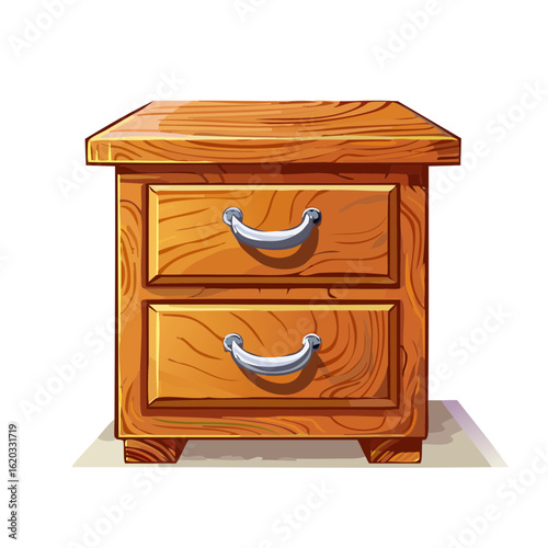 Cartoon wooden nightstand with drawers. Interior decor furniture for kids room. Home storage cabinet with two drawers and handles.