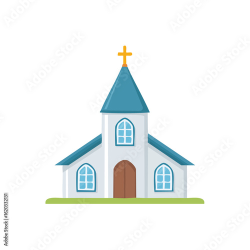 Cartoon church building with cross, religion architecture illustration
