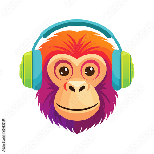 Colorful Monkey Listening to Music on a headphones Isolated on a Transparent Background 