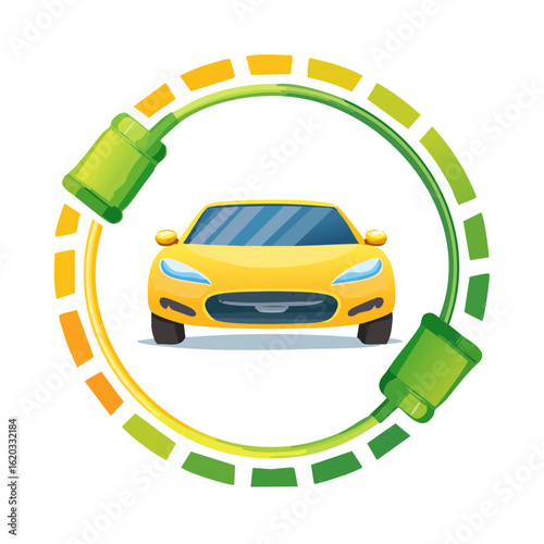 Electric Car with Charging Plug Renewable Energy Concept Yellow Vehicle Front View