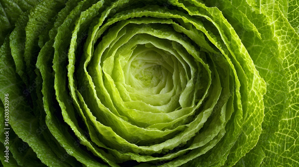 Obraz premium Organic Fresh Green Lettuce Leaves Macro Close-Up: Nature's Eco-Friendly Healthy Salad Veggie Deliciousness - Vibrant Seasonal Flavorful Nutritional Plant-Based Produce