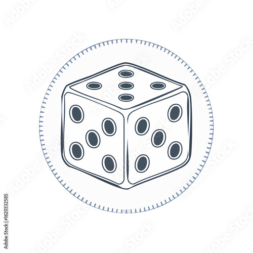 Hand-drawn vector dice, illustration on a white circle background. Game, chance, gambling, luck, risk concept.