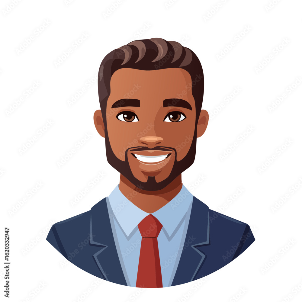 Cartoon illustration of a smiling man wearing a suit and tie with a dark complexion Cartoon illustration of a smiling man wearing a suit and tie with a dark complexion