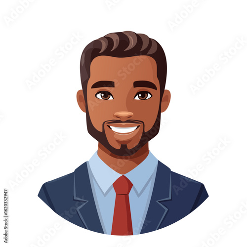 Cartoon illustration of a smiling man wearing a suit and tie with a dark complexion