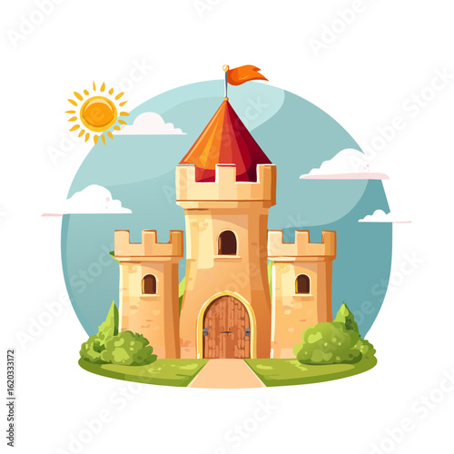 Cartoon Castle with Tower Flag Sun and Cloudy Sky Fairytale Fortress Illustration