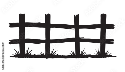 Rustic Wooden Fence Silhouette with Grass for Farm and Countryside Design


