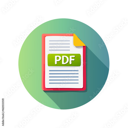 Cartoon file icon with PDF acronym and document with text on red and green background.