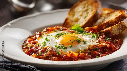 Delicious Shakshuka with Eggs and Tomato Sauce - Vegetarian Culinary Delight for Breakfast & Brunch, Easy Traditional Mediterranean Recipe, Comfort Food with Parsley & Herbs