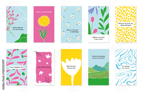 Motivational quotes set. Templates for social media, posts. Short inspirational quotes in pink, blue, yellow and green colors. Abstract, minimalist style backgrounds