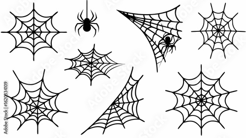 Collection of black spider web illustrations and spiders hanging from webs for halloween decoration theme