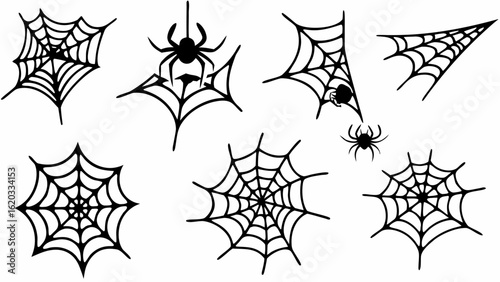 Illustration of multiple spiderwebs with varying shapes and sizes alongside black spiders on a white background