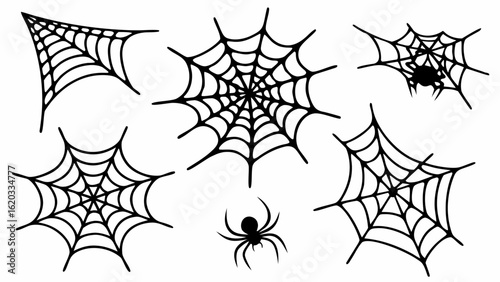 Collection of various spiderwebs and spiders in black and white for halloween decorations or designs