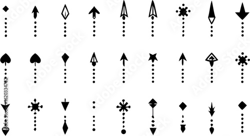 Collection of various arrow designs with dotted lines pointing up and down in black and white style