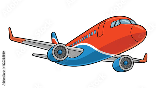 A cartoon illustration of a red and blue commercial airplane in a side view against a white background.  