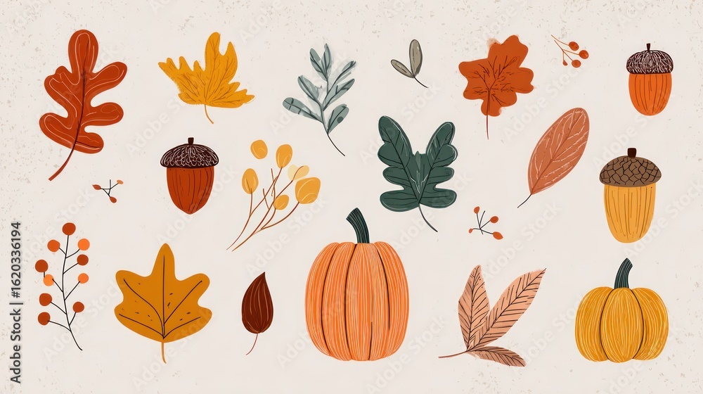 Obraz premium A collection of autumnal elements, including leaves, acorns, berries, and pumpkins, rendered in a simple, hand-drawn style against a neutral background. The elements are in warm, earthy tones