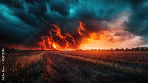 Fiery Sunset Inferno: Dramatic Landscape with Burning Field