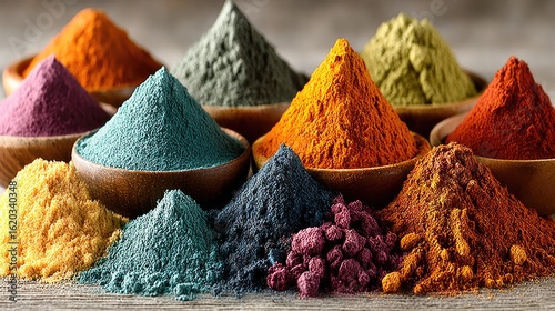 A Spectrum of Spices and Powders: A vibrant, colorful array of powdered spices, arranged in small wooden bowls, the photo offers a feast for the senses, celebrating the rich diversity of flavor