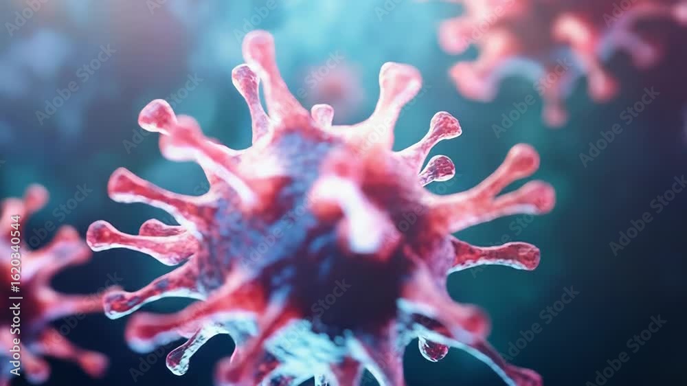 Microscopic view of virus cells floating in a dark environment