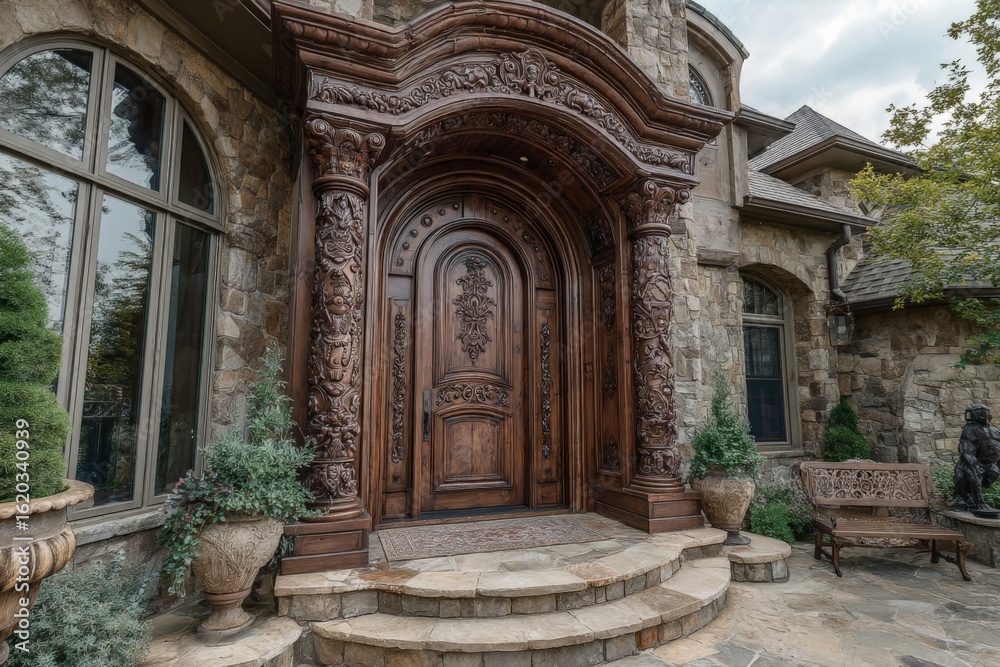 Fototapeta premium Intricately carved wooden door of a luxurious stone house surrounded by greenery in a peaceful neighborhood