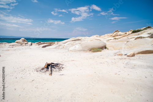 Fototapeta Naklejka Na Ścianę i Meble -  Beautiful landscape with rocky shore of the beach on the Mediterranean Sea in Greece, Travel concept.