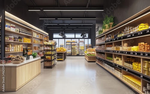 Shopper with cart navigating a retail warehouse aisle filled with food, books, and various shelved goods